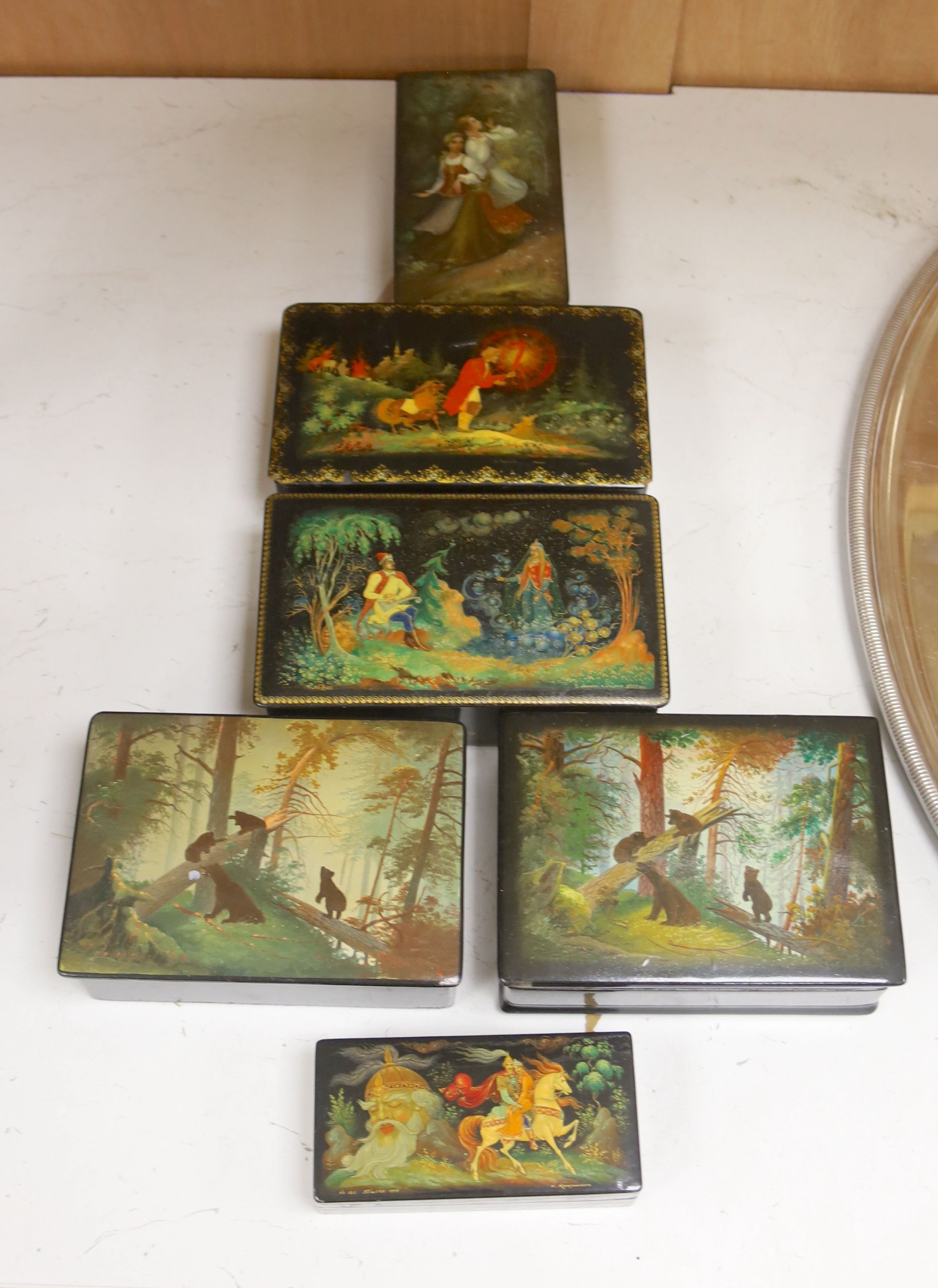 Six various Russian painted papier mache boxes